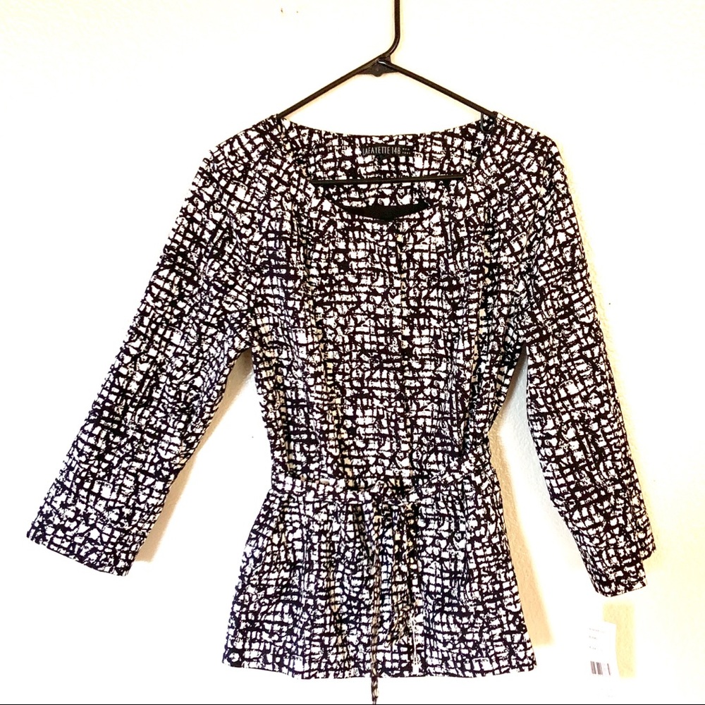 Lafayette 148 Black White Belted Button Jacket 10